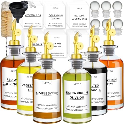 Olive Oil Dispenser Bottle Glass Coffee Syrup Bottles Set of 6 Cooking Oil bottles for kitchen, with Pourer Spout, Sealing Stopper, Labels, Funnel, Cleaning Brush (12 oz)