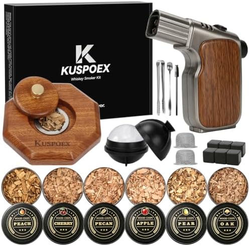 Whiskey Smoker Kit with Torch - 6 Flavors Wood Chips, Ice Ball Mold & Stone Ice Cubes – Complete Cocktail Smoking Set for Bourbon, Old Fashioned, Gifts for Men Dad Husband, Valentine's Day Gifts