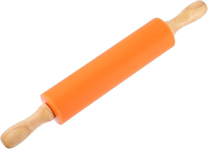 uxcell Rolling Pins for Baking, 12 Inch Silicone Non-Stick Rolling Pin Baking Roller Wooden Handle for Home Kitchen Dough Cookies Pastry, Orange