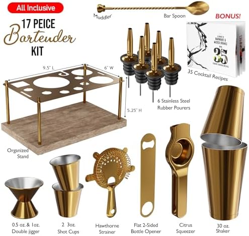 Bar Set Cocktail Shaker Set Bartender Kit, 17 Piece Gold Cocktail Set, Mixology Bartender Kit with Wood Stand, Steel Cocktail Kit, Bar Accessories: 30oz Martini Shaker, Muddler, Cocktail Book & More