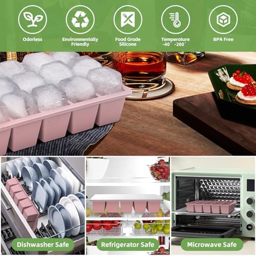 FANYITY Silicone Ice Cube Tray with Lid Pink, Pack of 4 Ice Cube Moulds, Ice Cube Trays for Baby Porridge, Cocktail, Coffee