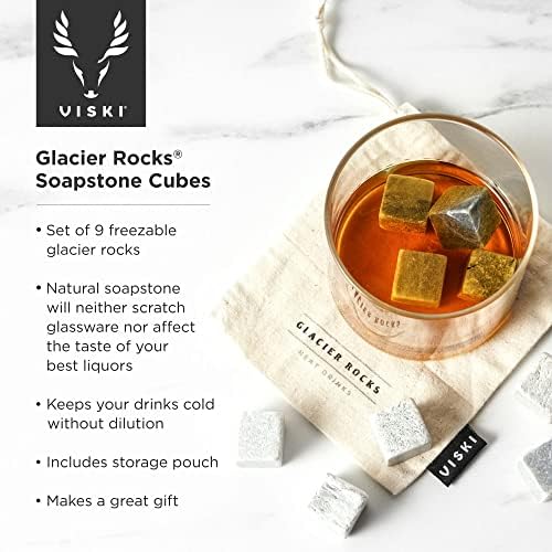 Viski Glacier Rocks Soapstone Cubes, Reusable Whiskey Stones, Ice Cube for Bourbon, Scotch, Gin, Cognac, Home Bar, Drink Accessories, 9-Piece Set