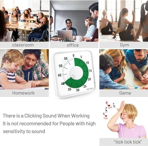 Secura 60-Minute Visual Countdown Timer, 7.5-Inch Oversize Classroom Visual Timer for Kids and Adults, Durable Mechanical Kitchen Timer Clock with Magnetic Backing (White-Green)