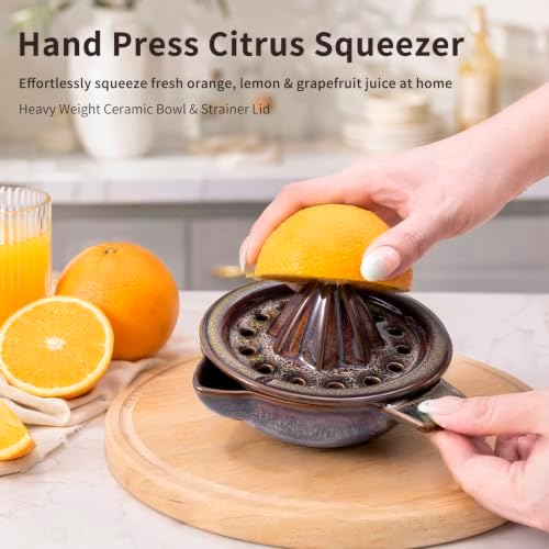 Lemon Orange Grapefruit Juicer Manual Squeezer Ceramic Hand Juicer Reamer Rotation Press with Strainer＆ 5oz Bowl, Pour Spout, Handle, Dishwasher Safe, Easy to Clean,Caramel Brown