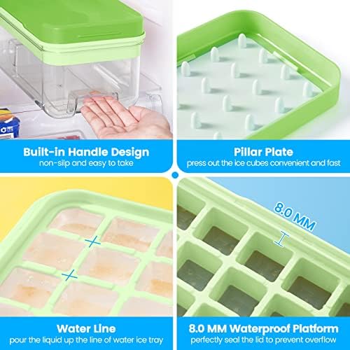 PHINOX 1" Ice Cube Tray with Lid and Bin, Easy Release 64 Cubes for Freezer