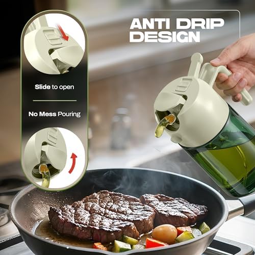 PORTENTUM Olive oil spray bottle for cooking 16oz/470ml 2 in 1 spray and pour function – Anti drip green glass bottle dispenser with light protection – Multilingual labels – Air fryer salads grilling