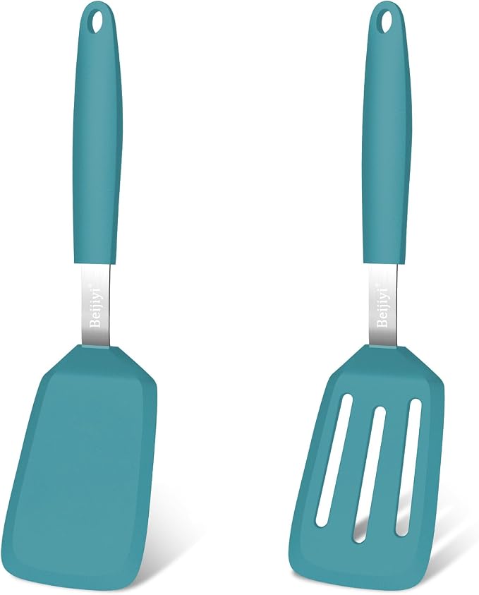 Beijiyi 2 Pack Silicone Spatula Set, Heat Resistant, for Nonstick Cookware | Flipping & Cooking, BPA Free, Flexible, Solid & Slotted Turner, Non-Toxic Kitchen Utensils, Non Scratch, Dishwasher Safe