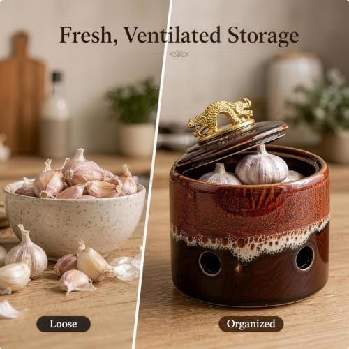 Ceramic Garlic Keeper with Lid, Garlic Storage for Kitchen Counter