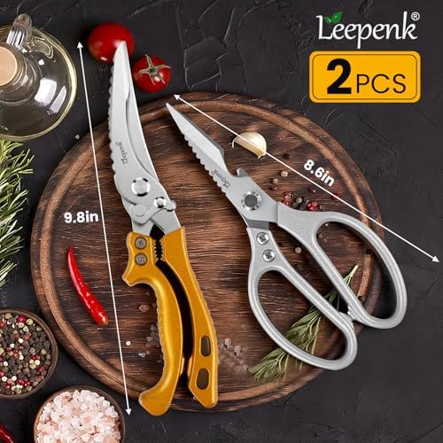 LEEPENK Kitchen Scissors All Purpose 2 Packs,Stainless Steel Kitchen Shear Dishwasher Safe,Heavy Duty Poultry Shears with Non-Slip Handle & Safety Lock,Cooking Scissor for Food