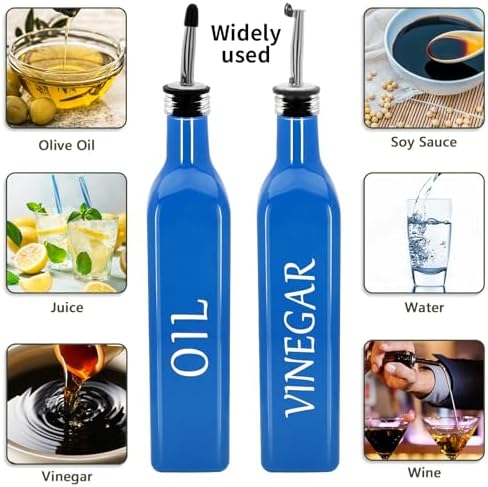 Olive Oil Dispenser Bottle,2 Pcs 17oz 500ml Glass O il and Vinegar Dispenser Set with 2 Stainless Steel Pourers, 8 Labels,Funnel Vinegar Bottles for Kitchen (Blue)