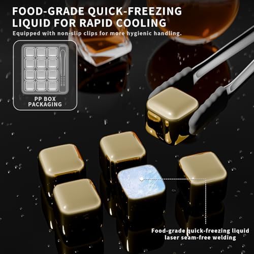 ShanSon Wine Chillers Metal Ice Cube 6 PCS Stainless Steel Whiskey Stones Reusable Whiskey Rocks Beverage Chilling Stones for Scotch and Bourbon Drinking Gifts Set for Men Dad Husband,Gold