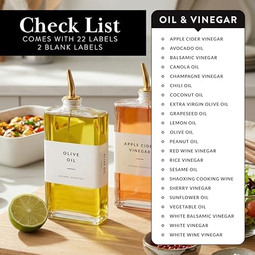 SAVVY & SORTED Glass Olive Oil Dispenser Bottle Set for Kitchen, 2PK Oil and Vinegar Dispenser Set with Gold Pourers and Labels, Cooking Oil Bottles for Kitchen Counter Decor, Set of 2