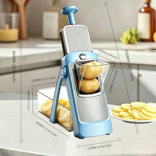 Upgraded Safe Mandoline Slicer for Kitchen, Potato Slicer for Chips, Multi Vegetable Chopper with Drain Basket Storage Container, Thickness Adjustable Versatile Faster Slice Artifact (Blue)