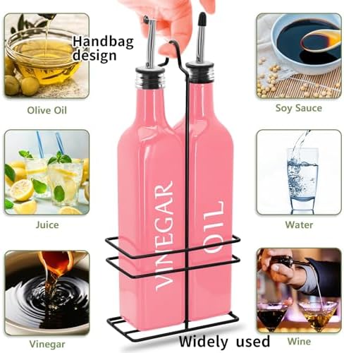 Farmhouse Oil and Vinegar Dispenser Set, 17 oz, beautiful olive oil dispenser, includes a black steel rack and a funnel, vintage cruets for vinegar and oil (Pink)