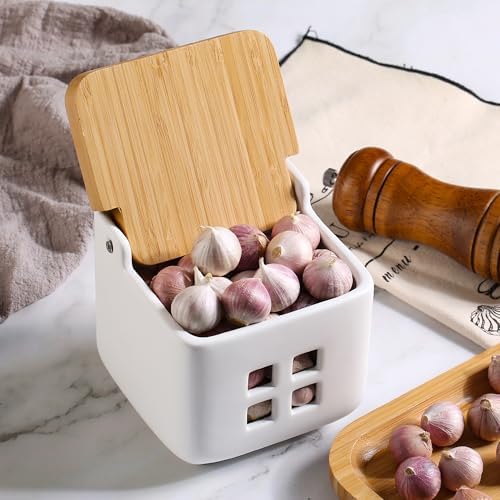 RQYIXI Ceramic Garlic Keeper with Bamboo Lid, Ventilated,White