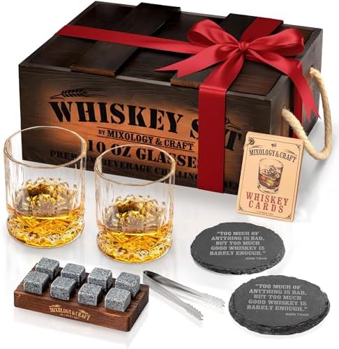 Mixology & Craft Whiskey Gift Set, Whiskey Glass Set with Rustic Wooden Crate, 8 Granite Whiskey Rocks Chilling Stones, 10oz Crystal Glasses | Great Holiday, Secret Santa or White Elephant Gift