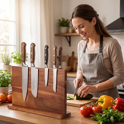 Hushee Extra Large Magnetic Knife Block Holder 15.75 Inches Acacia Wood Knife Block Rack Magnetic Universal Stand with Strong Enhanced Magnets Strip Kitchen Storage Cutlery Organizer Without Knifves