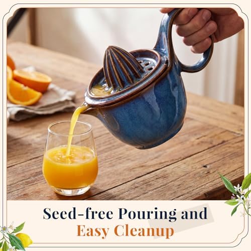 Sawysine Ceramic Lemon Squeezer Manual Citrus Juicer with Strainer Hand Press Lime Orange Reamer with 8.45 oz Cup Strainer Lid Spout Handle for Citrus Fruits Home Kitchen Bar(Classic,Dark Blue)