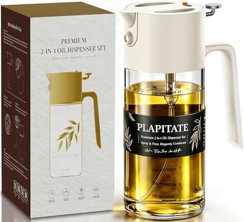 PLAPITATE 17oz/500ml Premium Olive Oil Sprayer for Cooking, 2 in 1 Glass Olive Oil Dispenser Bottle for Kitchen Gadgets, Spray Bottle with Portion Control for Salad, Frying, BBQ (White)