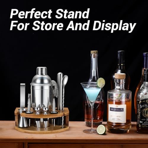 Cocktail Shaker Set Bartender Kit with Stand, 12 Piece Drink Mixer Set with Stainless Steel Bar Accessories Tools: 25oz Martini Shaker Jigger Strainer Spoon Muddler for Cocktails (Silver)