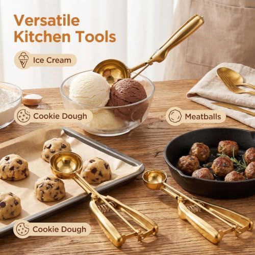 Gold Ice cream spoon,3Pcs Cookie Scoop Set,Stainless steel ice cream scoop with trigger release,Tablespoons,dough scoop,3 Sizes (S/M/L)