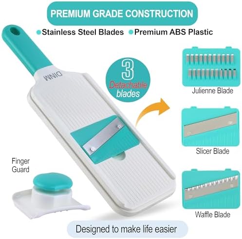 DINM Handheld Mandoline Slicer for Kitchen – Stainless Steel Vegetable Slicer with 3 Interchangeable Blades, Safety Food Holder, Potato, Cucumber & Carrot Cutter