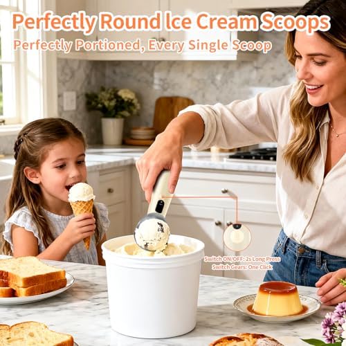 Heated Ice Cream Scoop Rechargeable, IP67 Waterproof Electric Warming Ice Cream Scooper with LED Display, Heats to 70°C for Hard Ice Cream, Easy for Seniors & Kids (Beige)