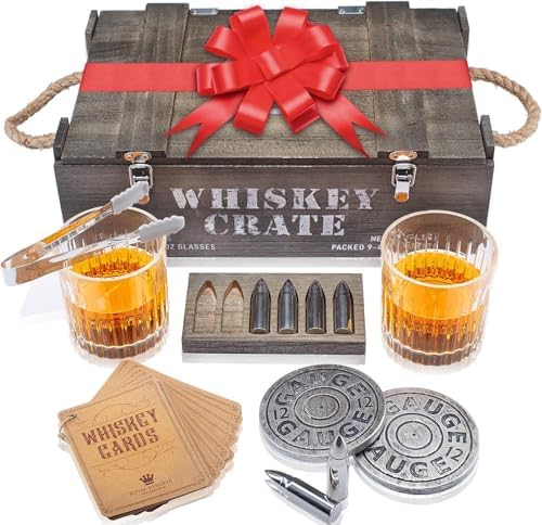 Bullet Whiskey Stones Gift Set for Men, Steel Rocks & Bourbon Glasses