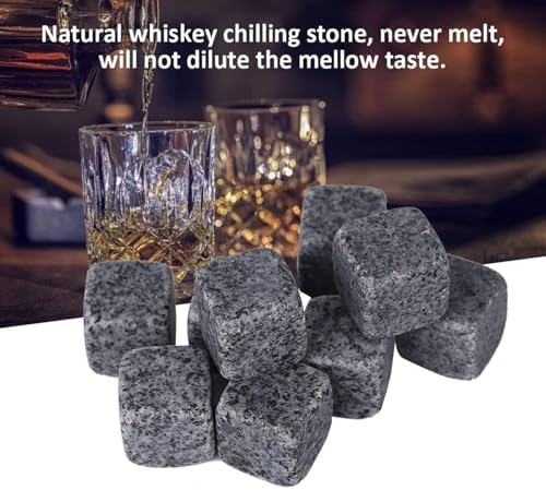 Whiskey Stones Gift Set with 9 Pcs Stones and Box, Reusable Ice Cubes Natural Granite Set Chilling Rocks Stones Beverage Chilling Stones for Drinks Home Bartender Gift for Whiskey Lovers (Gray)