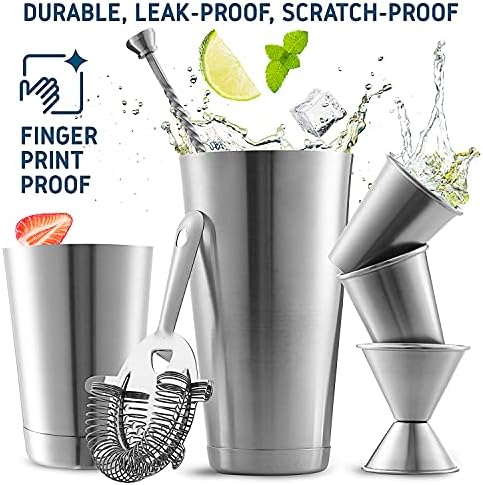 Bar Set Cocktail Shaker Set, Stainless Steel Mixology Bartender Kit, 16 Piece, Silver CocktailSet, BarTools: 30oz Martini Shaker, Muddler, Bar Kit Cocktail Book, Jigger and Pourers, (Pack of 12)