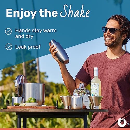 SNOWFOX Premium Vacuum Insulated Stainless Steel Cocktail Shaker, Home Bar Accessories, Elegant Drink Mixer, Lid With Jigger & Built In Strainer, Dark Walnut, 22oz.