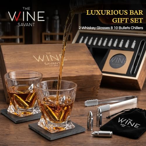 Luxurious Bar Gift Set - 2 Whiskey Glasses + 10 Bullets Chilling Stainless-Steel Whiskey Rocks - Slate Stone Coasters & Tongs - Set in Premium Wood Box by The Wine Savant - Birthday Gift - 11 oz Glass