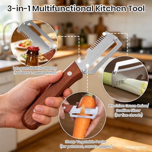 3-in-1 Multifunction Vegetable Peeler with Scallion Slicer & Bottle Opener - Stainless Steel Julienne Shredder for Green Onions, Potatoes & Carrots - Ergonomic Space-Saving Kitchen Gadget (1 Pack)