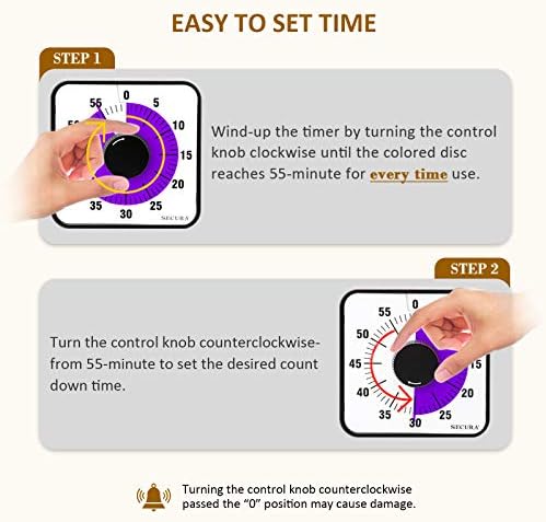 Secura 60-Minute Visual Countdown Timer, 7.5-Inch Oversize Classroom Visual Timer for Kids and Adults, Durable Mechanical Kitchen Timer Clock with Magnetic Backing (Purple)