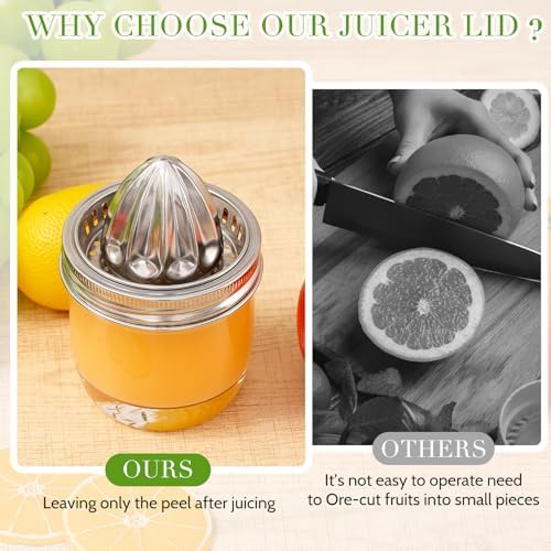 LemonRoad 4 Pcs Stainless Steel Mason Jar Juicer Lid Manual Juicer Squeezer for 3.39 Inch Wide Mouth Mason Jar Citrus Reamer for Lemons Limes Oranges Juicing Accessories