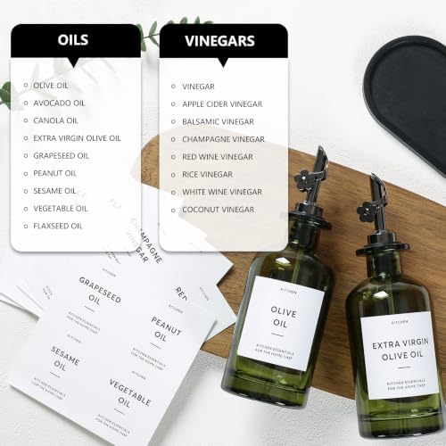 Olive Oil Dispenser for Kitchen, 2-Pack 12oz Glass Bottle with White Labels