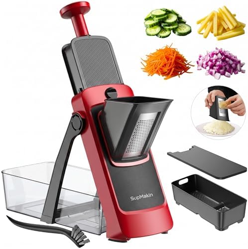 SupMaKin Safe Mandoline Slicer for Kitchen,Pptato Slicer, Vegetable Onion Chopper, French Fry Cutter, Adjustable Thickness, Julienne & Dicer Salad Chopping Artifact (4V RED)