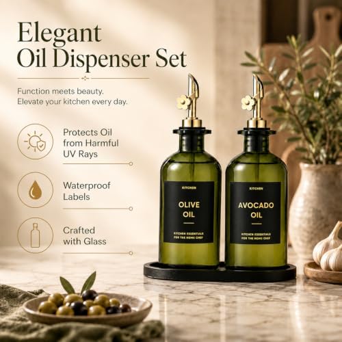Olive Oil Dispenser for Kitchen, 2-Pack 12oz Glass Bottle with Gold Labels