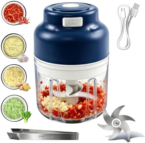 Electric Garlic Chopper, Upgrade 6 Blades, 320ML Wireless Food Processor, Mini Grinder for Kitchen,Mashing Nuts Chili Onion Minced Meat and Spices USB Rechargeable