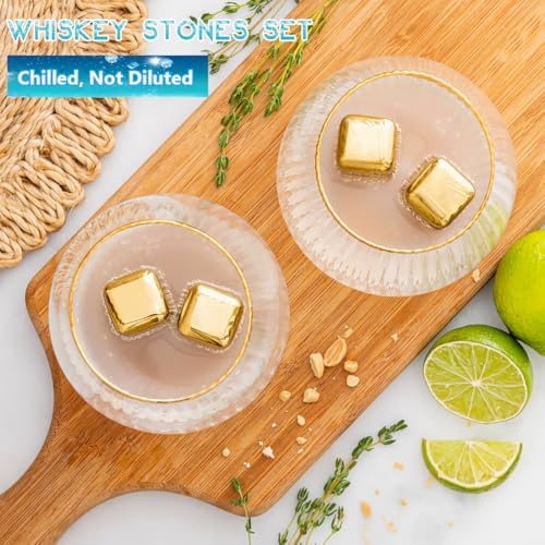 Reusable Stainless Steel Ice Cubes, 8 Packs Metal Whiskey Stones Chilling Rocks, Reusable Ice Cube for Whiskey, Vodka, Beverage Chilling Stones, Gold