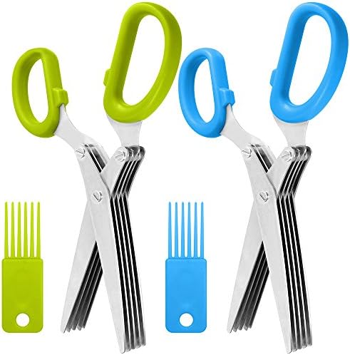 SourceTon 5-Blade Herb Scissors 2 Pack - Heavy Duty Kitchen Shears with Cleaning Brush, Multipurpose Stainless Steel Scissors for Cooking, Crafting, Gift (Ergonomic Left/Right Hand Design)