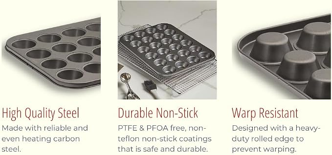 husMait 24-Cup Mini Muffin Pan - Non-Stick Carbon Steel Mini Cupcake Pan - Heavy Duty Metal Baking Tray, Warp-Resistant, PFOA Free & Dishwasher Safe