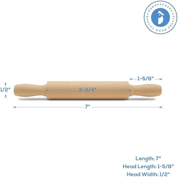 Wooden Mini Rolling Pin, 7 Inches Long, Pack of 12, Perfect for Fondant, Pasta, Baking in the Kitchen, Crafting by Woodpeckers