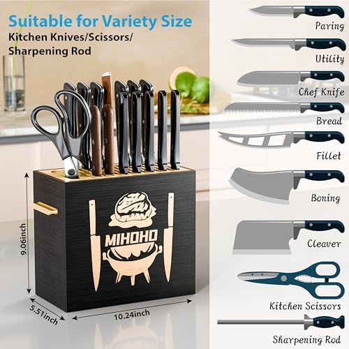 Wood Universal Knife Block with Slots, Wood Knife Holder/Knife Organizer, Unique Knife Storage for Counter Top with Anti-Slip Base (Black D)