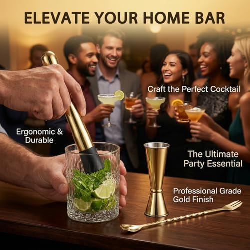 Gold Muddler for Cocktails, 10 Inches Bar Spoon, 1 oz 2 oz Double Jigger- Premium 3 Piece Gold Mixing Tools Set for Drinks