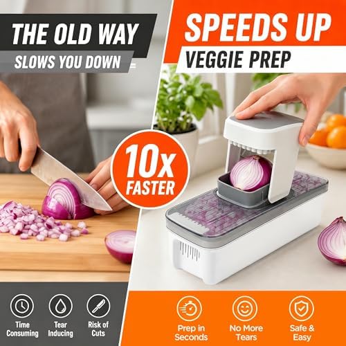 7-in-1 Vegetable Chopper – Mandoline Slicer Dicer with Container, Easy Tap Chop Food Cutter, 7 Interchangeable Blades for Onion Potato Cucumber, Kitchen Essentials Gift