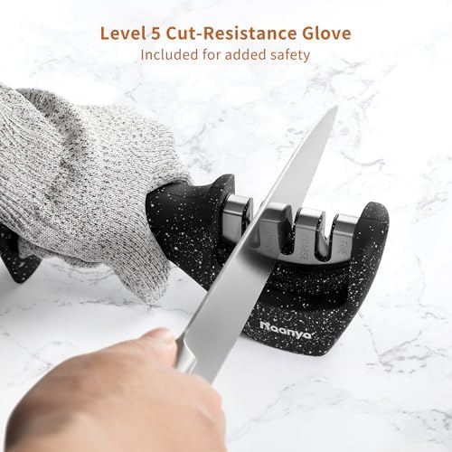 3-Stage Knife Sharpener with Cut-Resistant Glove - Restores, Refines, and Polishes Knife Edges; Ergonomic, Ambidextrous Handle with Non-Slip Base (Granite Black)