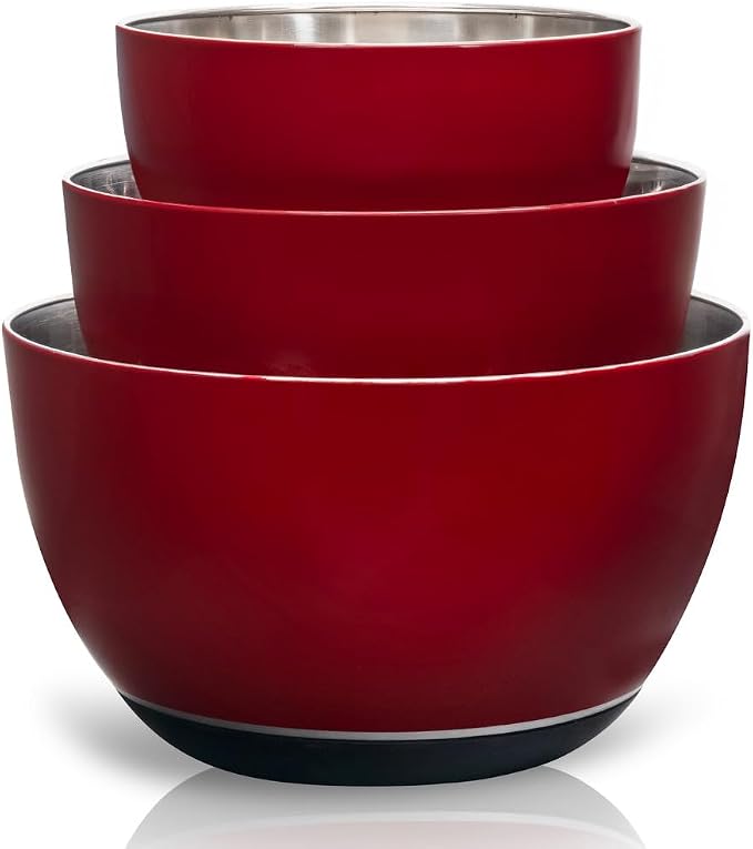Stainless Steel Mixing Bowls Set, 3-Piece with Silicone Base | 1.5, 3 & 5 Qt Metal Bowls for Meal Prep, Baking, Cooking, Serving & Food Storage, Non-Slip Base, Dishwasher Safe, Red