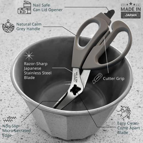 Japanese Kitchen Shears with Cutter 7.5" Offset Angled Blade, Made in JAPAN, Dishwasher Safe Come Apart Blade, All-Purpose Detachable Kitchen Scissors, Rust Proof Japanese Stainless Steel, Gray