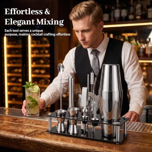Boston Cocktail Shaker Set, 18 oz & 28 oz 2-Piece Tins, 304 Bartender Kit 15-Piece Bar Tool Set with Acrylic Stand & Recipe Book, for Novices & Pros, Home and Bar Use (Silver)